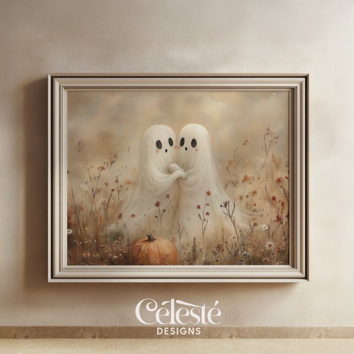 Two Cute Ghosts Autumn Meadow Pumpkin Vintage Halloween Poster
