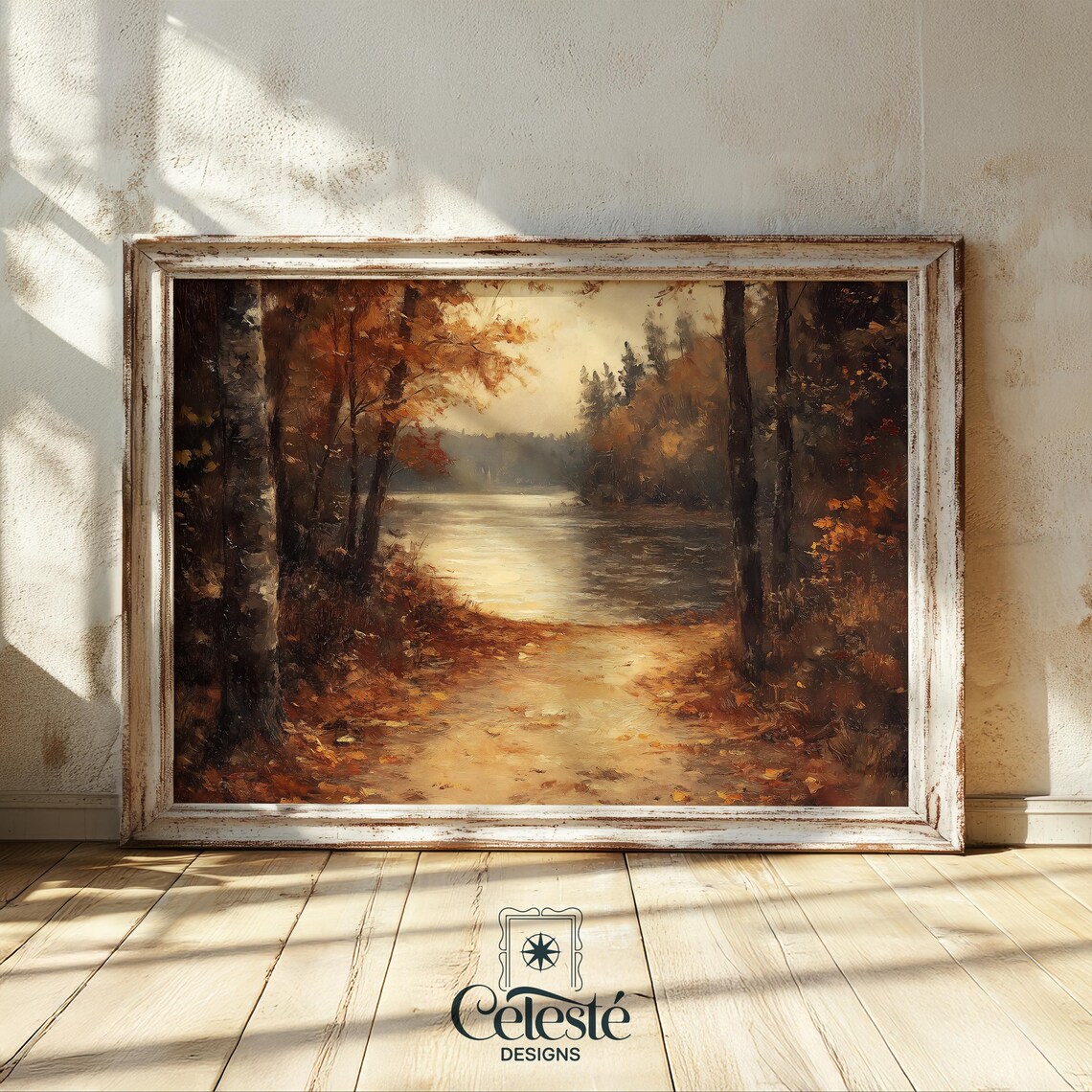 Autumn Lake Through Trees Vintage Farmhouse Landscape Art Print
