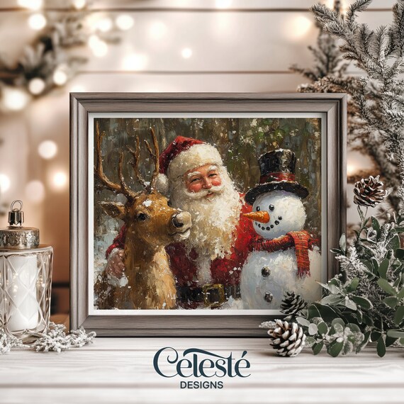 Santa Claus with Deer and Snowman Vintage Christmas Art Poster