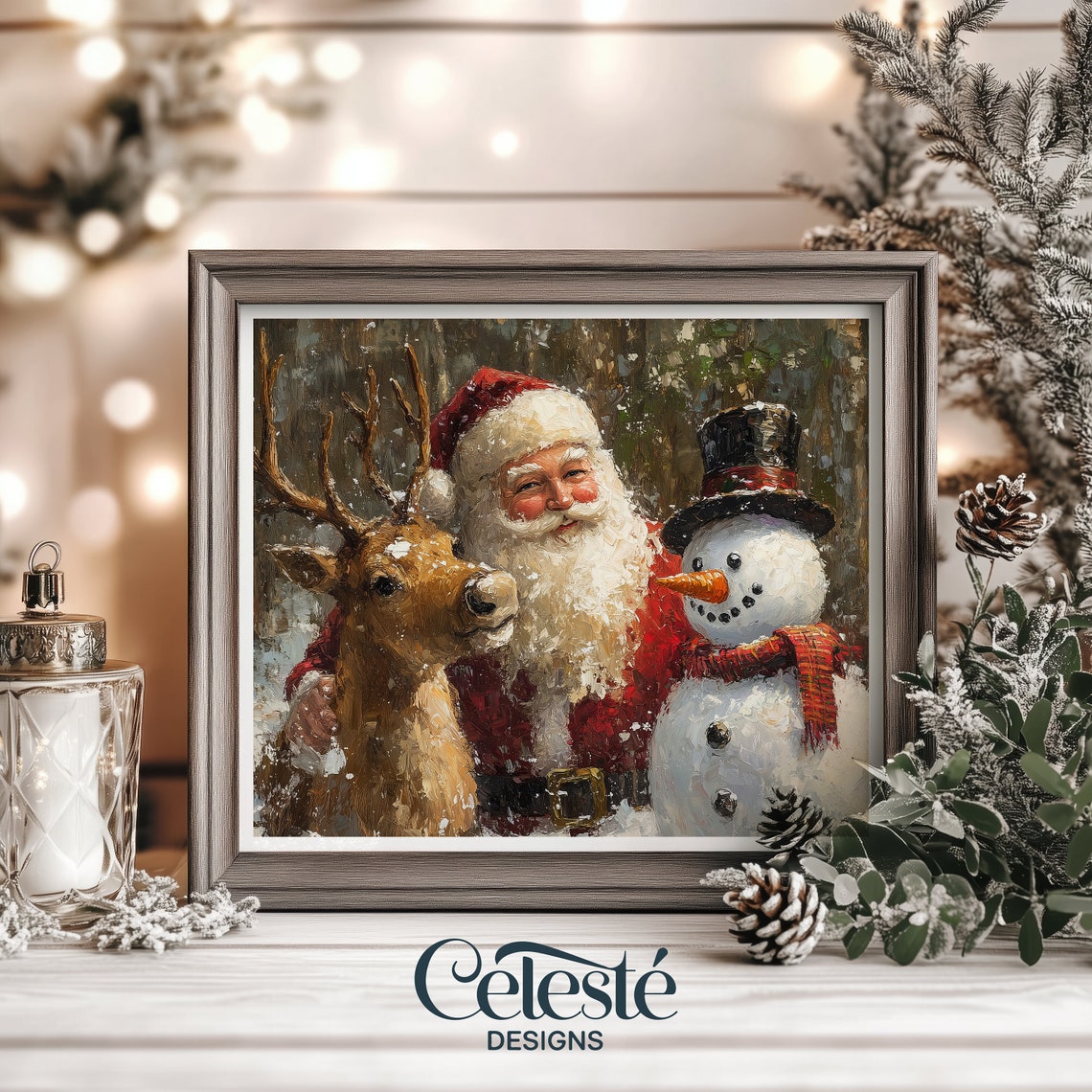 Santa Claus with Deer and Snowman Vintage Christmas Art Poster