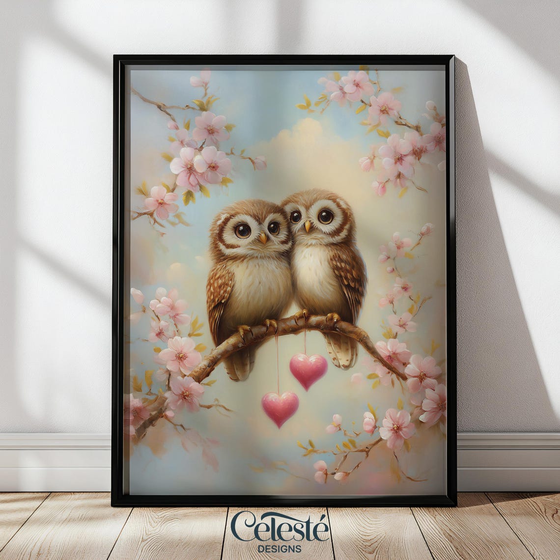Two Owls On Blossom Branch With Pink Hearts Romantic Art Print