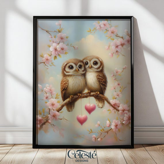 Owl Love Art Print Valentine Nursery Decor Floral Heart