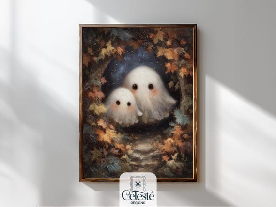 Whimsical Ghosts In Autumn Forest Print Soft Spooky Nursery Art