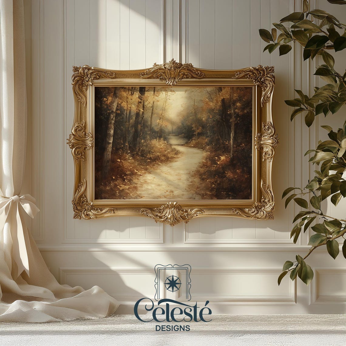 Vintage Autumn Birch Forest Path Golden Fall Woodland Scene Poster
