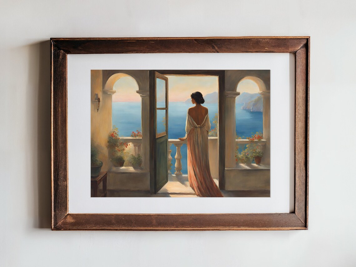 Woman on Terrace Overlooking Blue Sea Romantic Coastal Painting Print - Image 3