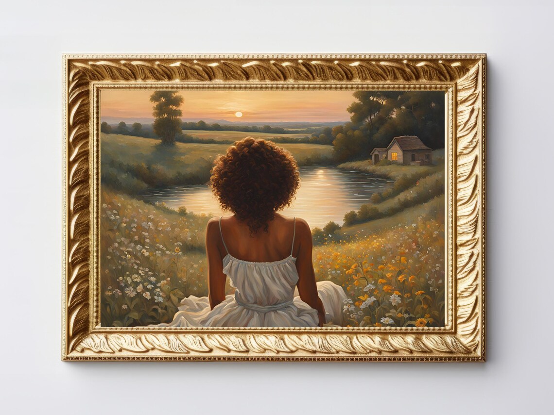 Woman White Dress Sunset Lake Cabin Wildflower Field Painting Poster - Image 6