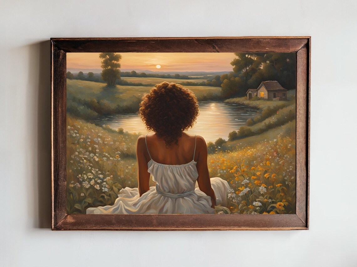 Woman White Dress Sunset Lake Cabin Wildflower Field Painting Poster - Image 4