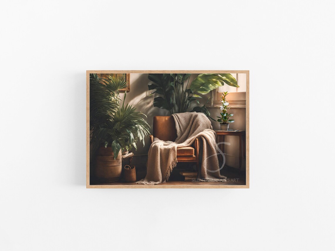 Cozy Reading Nook Armchair Houseplants Sunlit Room Oil Painting Poster - Image 6
