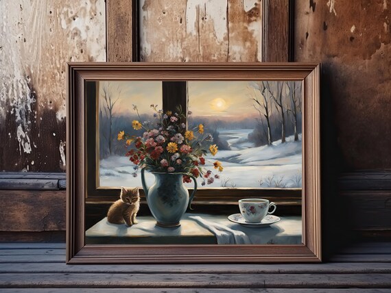 Countryside Still Life Print Vintage Moody Wall Art Dark Wall Decor Bedroom Artwork Vintage Art For Living Room Decor Cat Lover