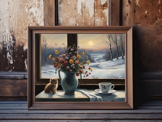 Kitten and Wildflowers on Windowsill Snowy Sunset Vintage Art Print