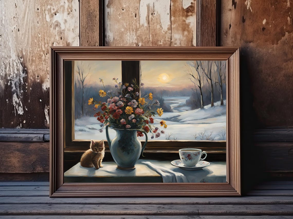 Kitten and Wildflowers on Windowsill Snowy Sunset Vintage Art Print