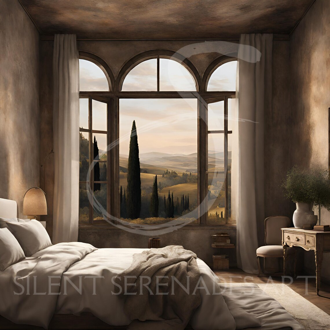 Serene Bedroom with Arched Windows Over Cypress Hills Wall Art - Image 6