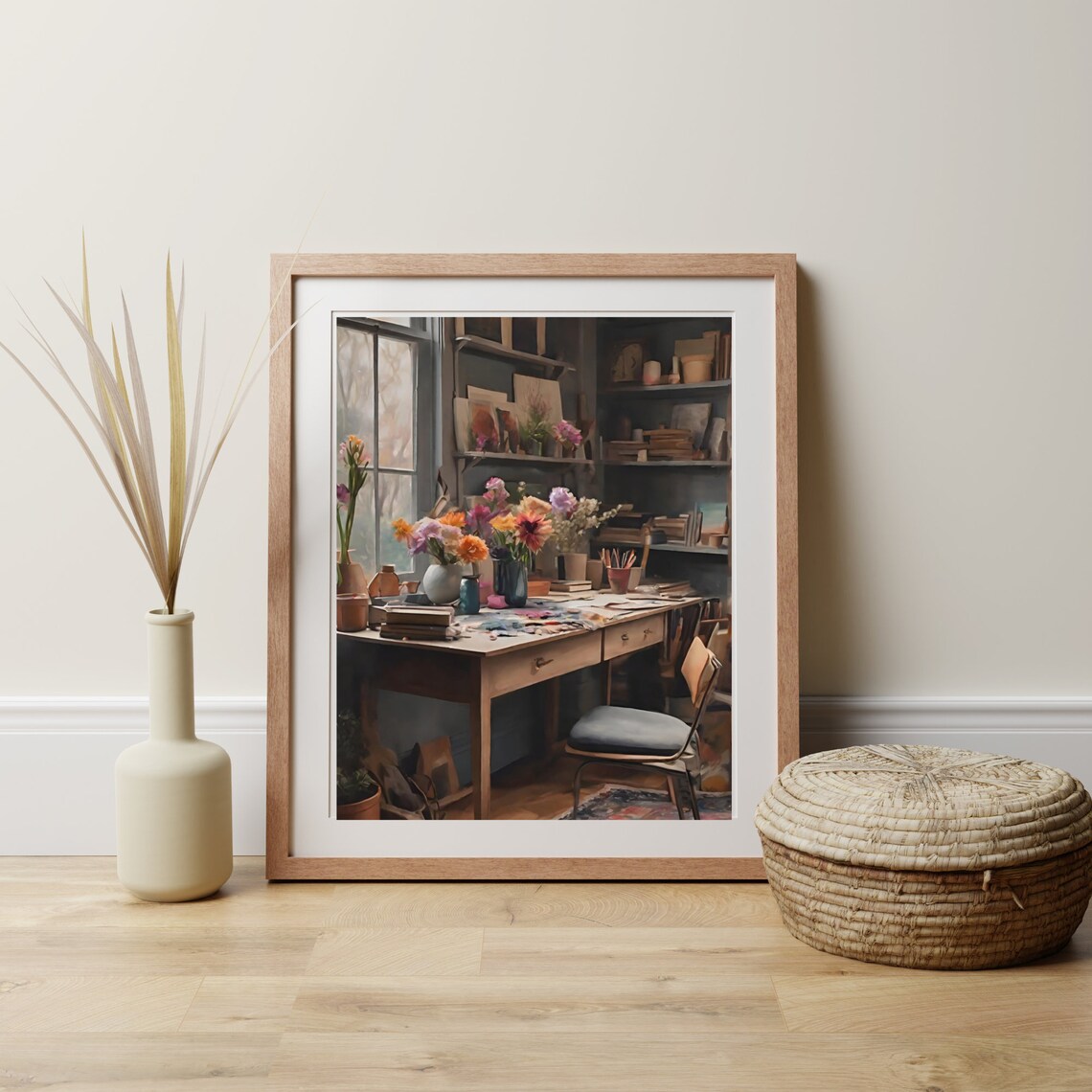 Cozy Artist Studio Desk with Flowers Vintage Interior Painting Print - Image 3