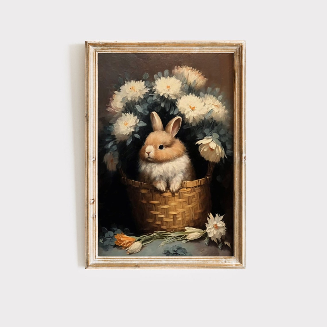 Fluffy Bunny In Basket White Chrysanthemums Moody Vintage Art Poster