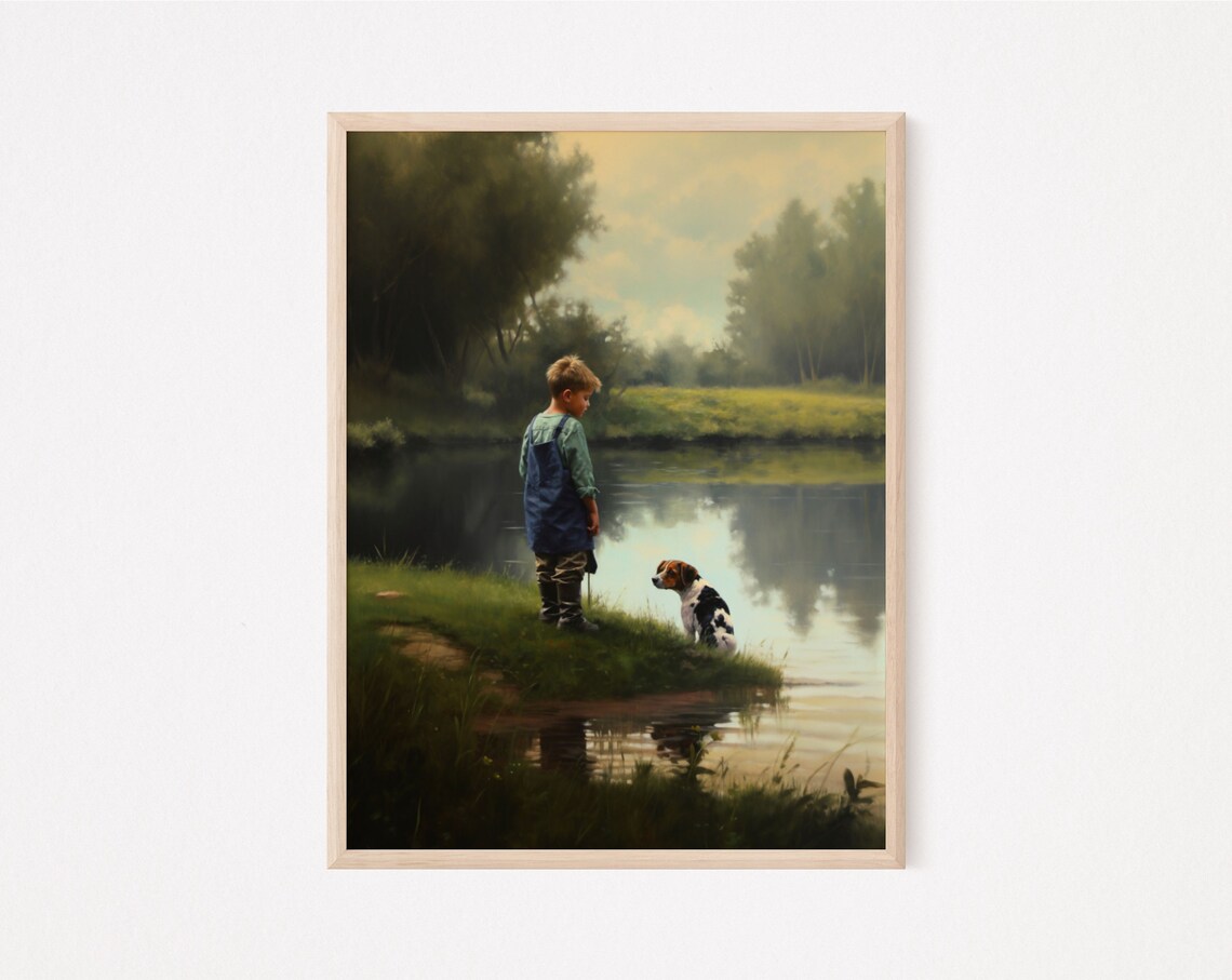 Boy and Dog by Pond Oil Painting Print, Vintage Farmhouse - Image 2