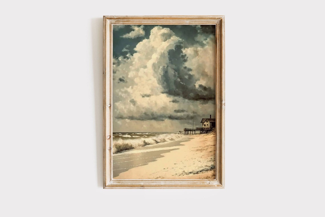 Vintage Moody Beach Shore Waves Pier House Cloudy Sky Art Poster