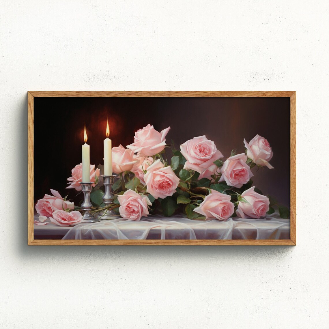 Elegant Pink Roses Candlelight Classic Still Life Painting Poster