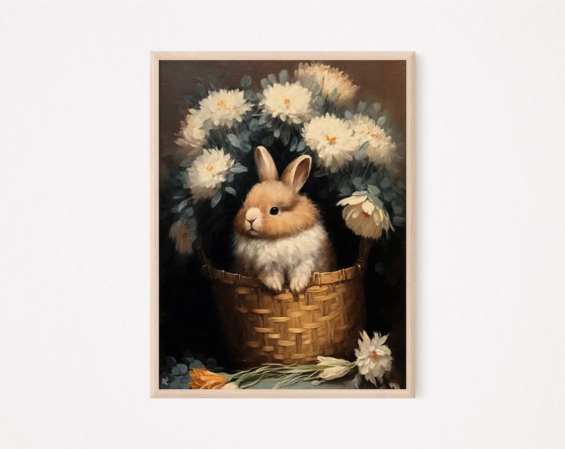 Fluffy Bunny In Basket White Chrysanthemums Moody Vintage Art Poster - Image 2