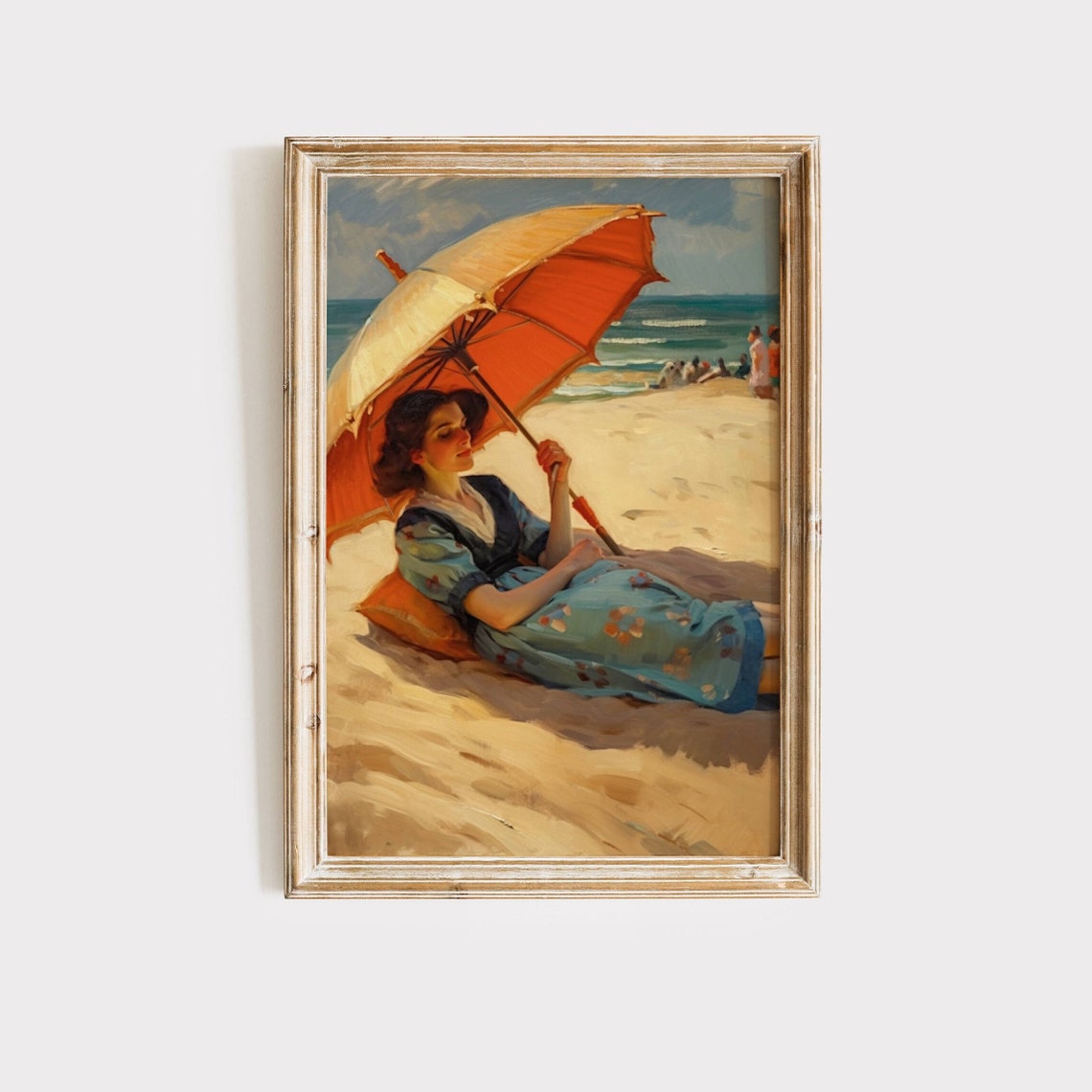 Woman with Orange Umbrella on the Beach Vintage Oil Painting Poster