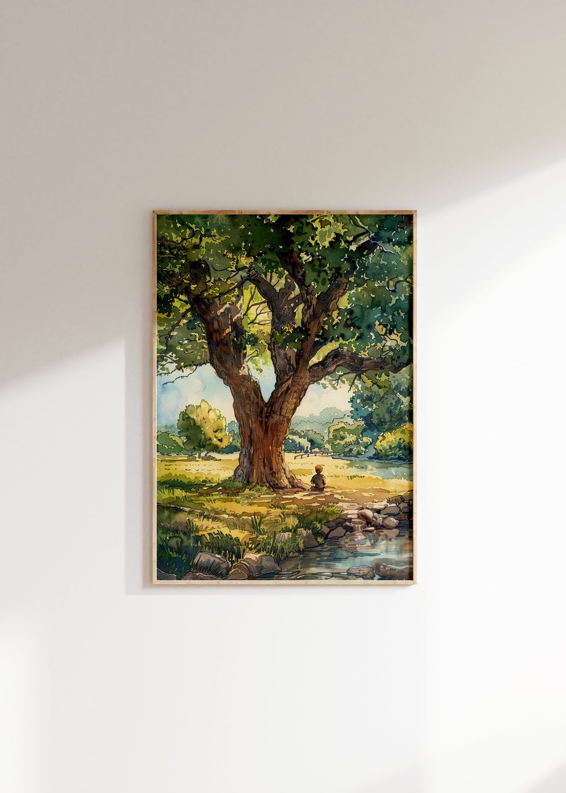 Boy Sitting Under an Oak Tree by a Stream Watercolor Painting Poster - Image 2