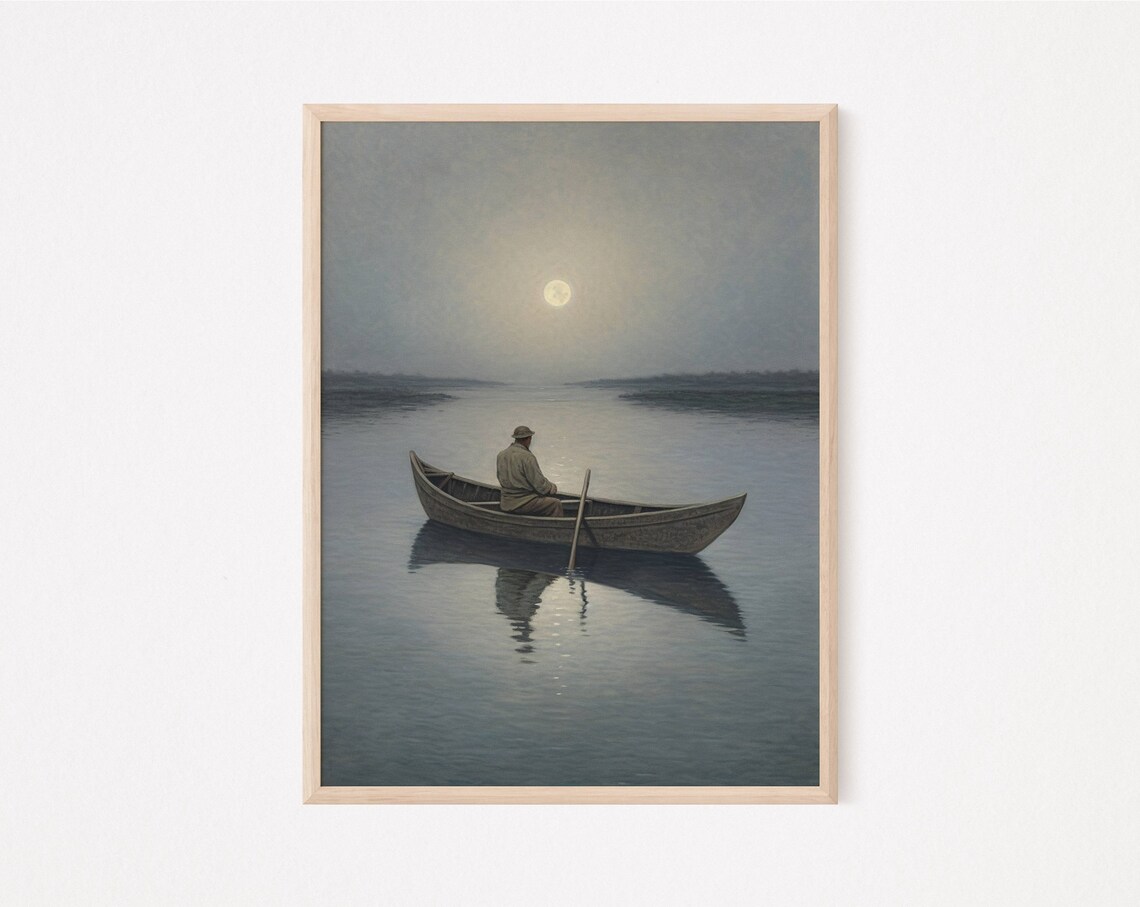 Vintage Fishing Painting Canoe Fisherman Print Nautical Wall Art Small Boat Art Lake House Decor - Image 2