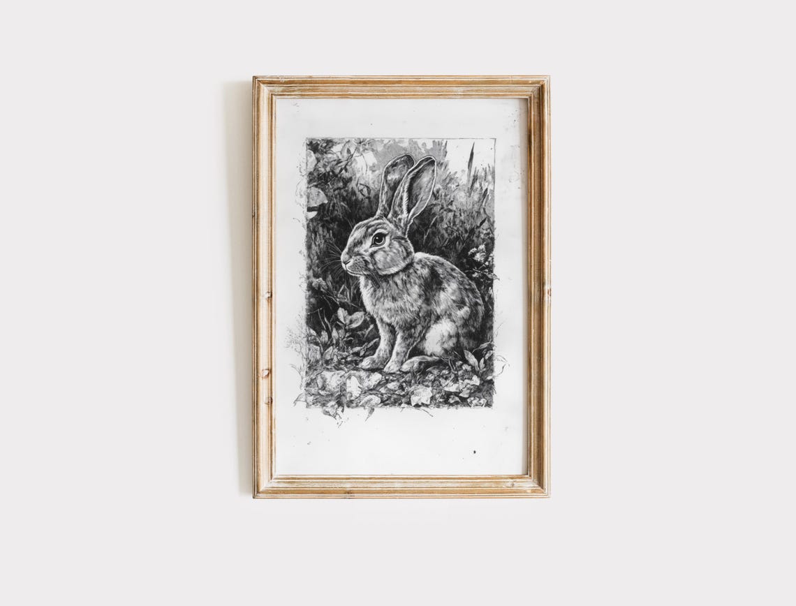 Black And White Rabbit Sketch In Foliage Vintage Bunny Art Poster - Image 2