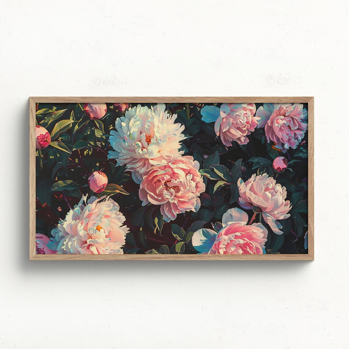 Blush Pink Peonies Bloom Dark Moody Floral Oil Painting Garden Poster