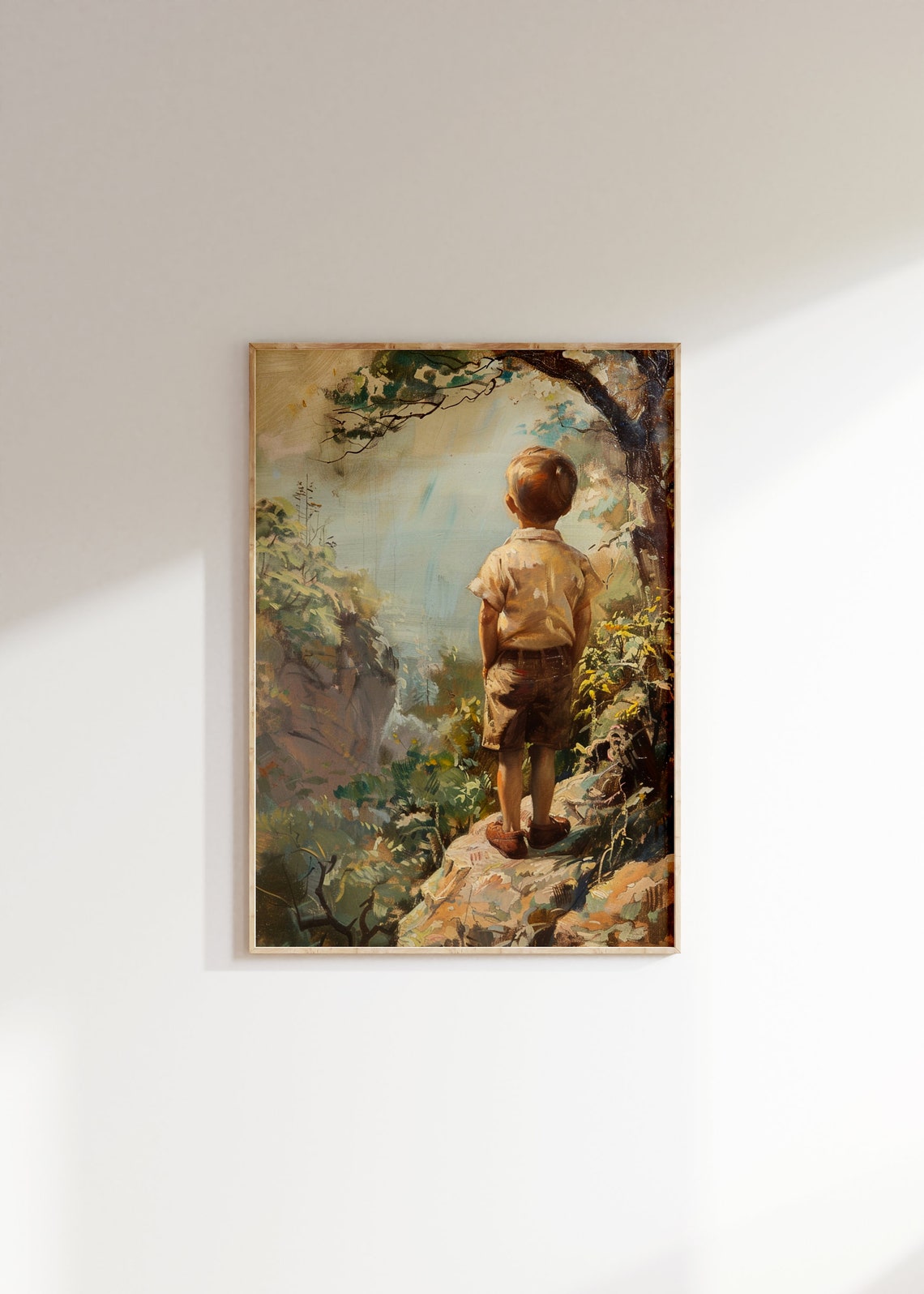Young Boy Standing On Rocky Cliff Overlooking Forest Valley Art Print - Image 2