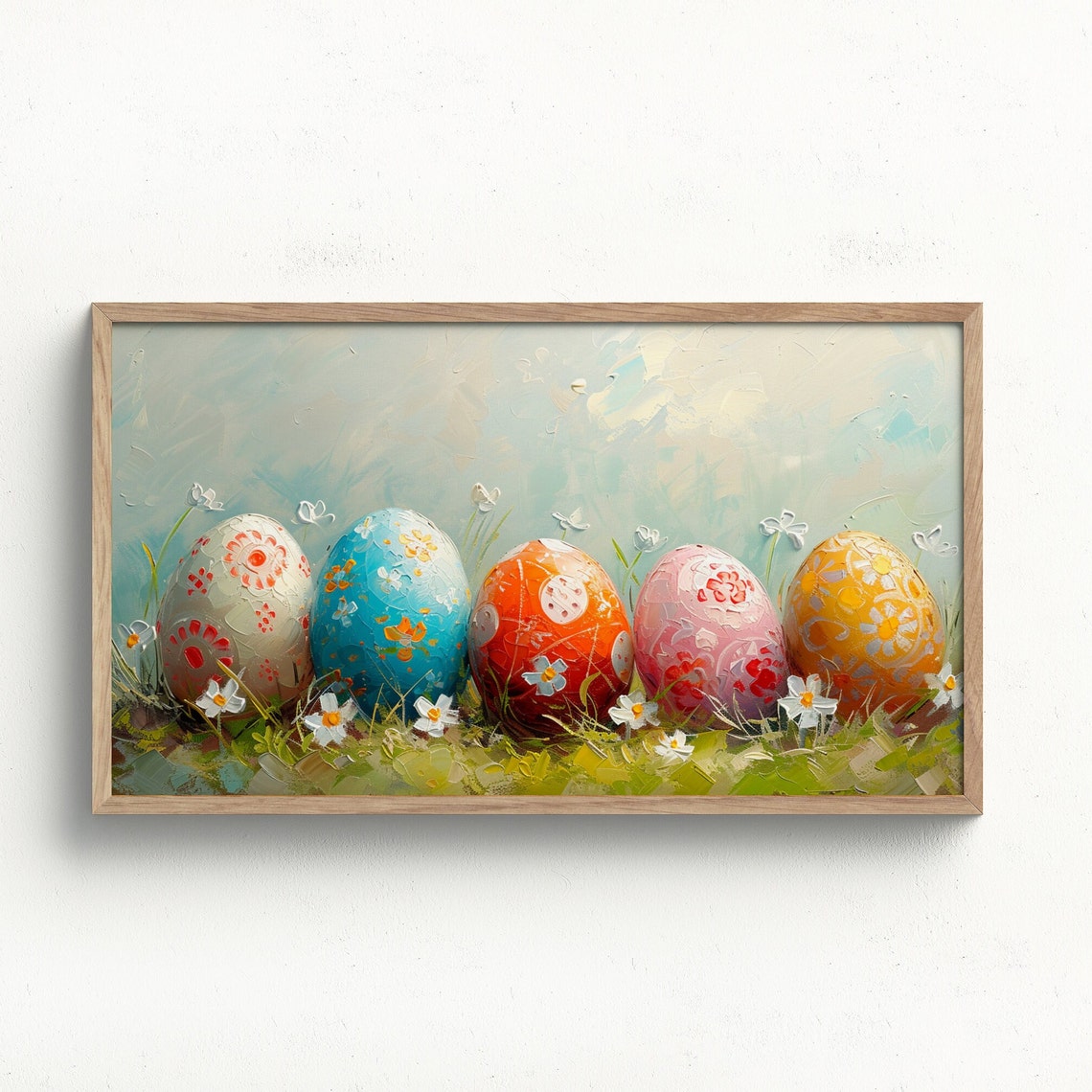 Colorful Painted Easter Eggs Grass Daisies Impasto Spring Poster