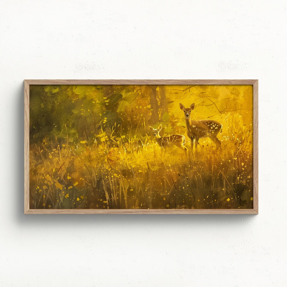 Doe and Fawn Sunset Meadow Glowing Golden Woodland Wildlife Poster