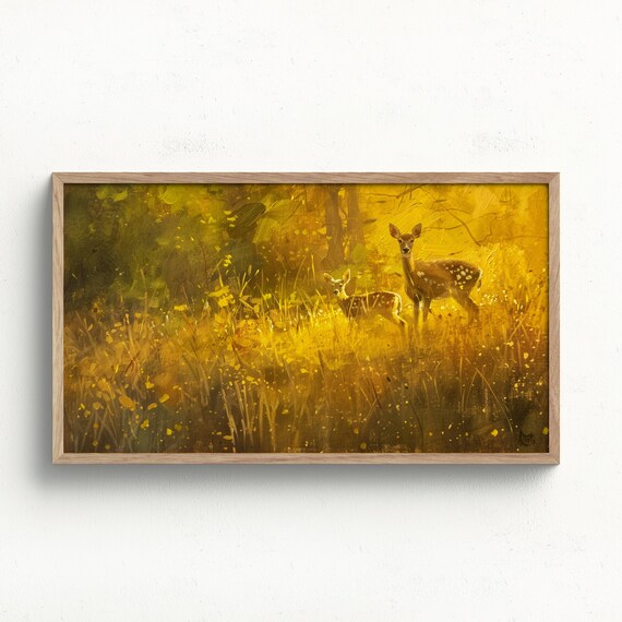 Doe and Fawn Sunset Meadow Glowing Golden Woodland Wildlife Poster