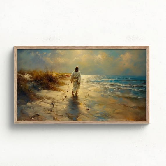 Jesus Walking Beach Golden Sunset Footprints Christian Art Poster