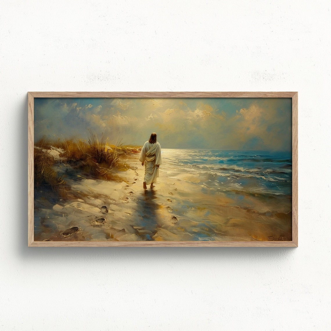 Jesus Walking Beach Golden Sunset Footprints Christian Art Poster