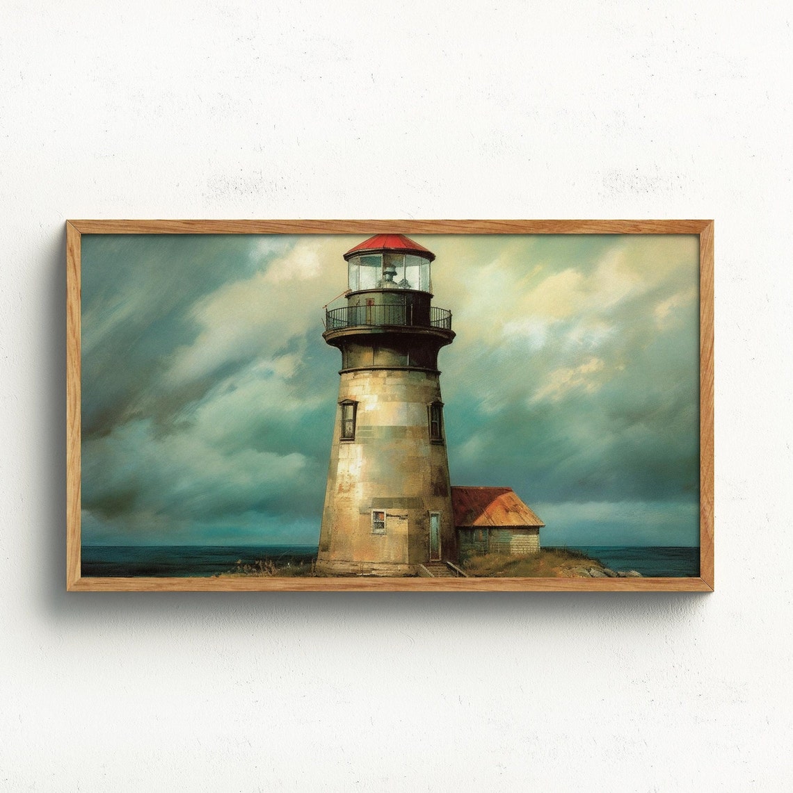 Stormy Sea Lighthouse with Red Dome Coastal Oil Painting Poster