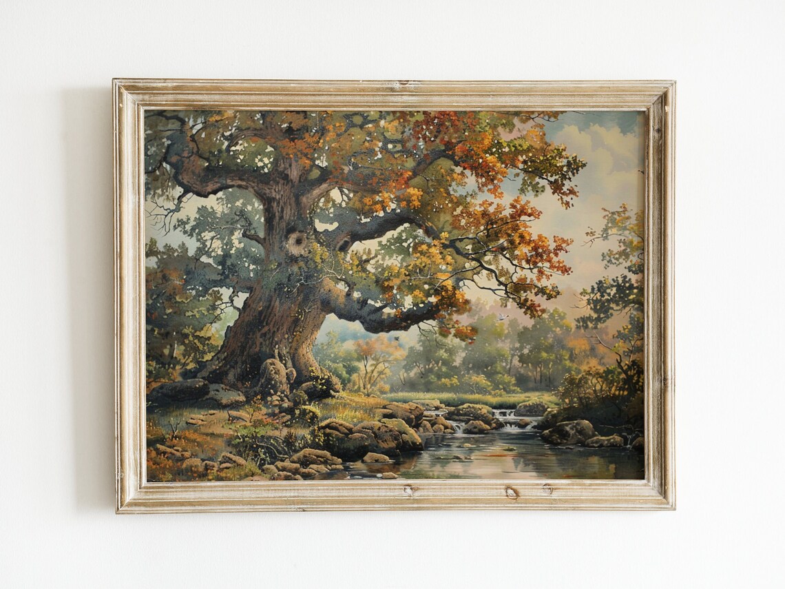 Ancient Oak Tree by Rocky Stream Autumn Vintage Landscape Oil Poster