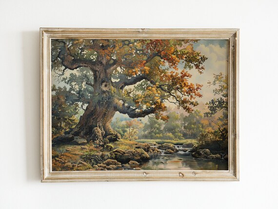 Vintage Landscape Oil Painting Oak Tree By Stream Print Muted Neutral Colors Wall Art Rustic Antique Decor