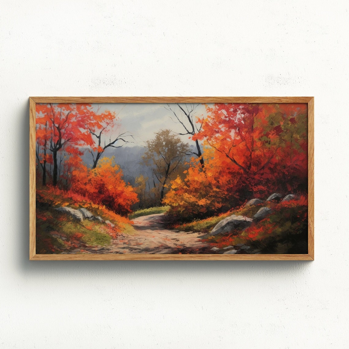 Autumn Forest Path Red Orange Foliage Vintage Oil Painting Fall Poster