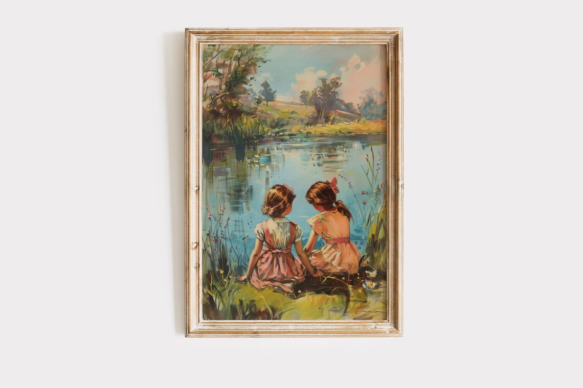 Two Little Sisters by the Lake Vintage Girls Room Painting Poster - Image 2