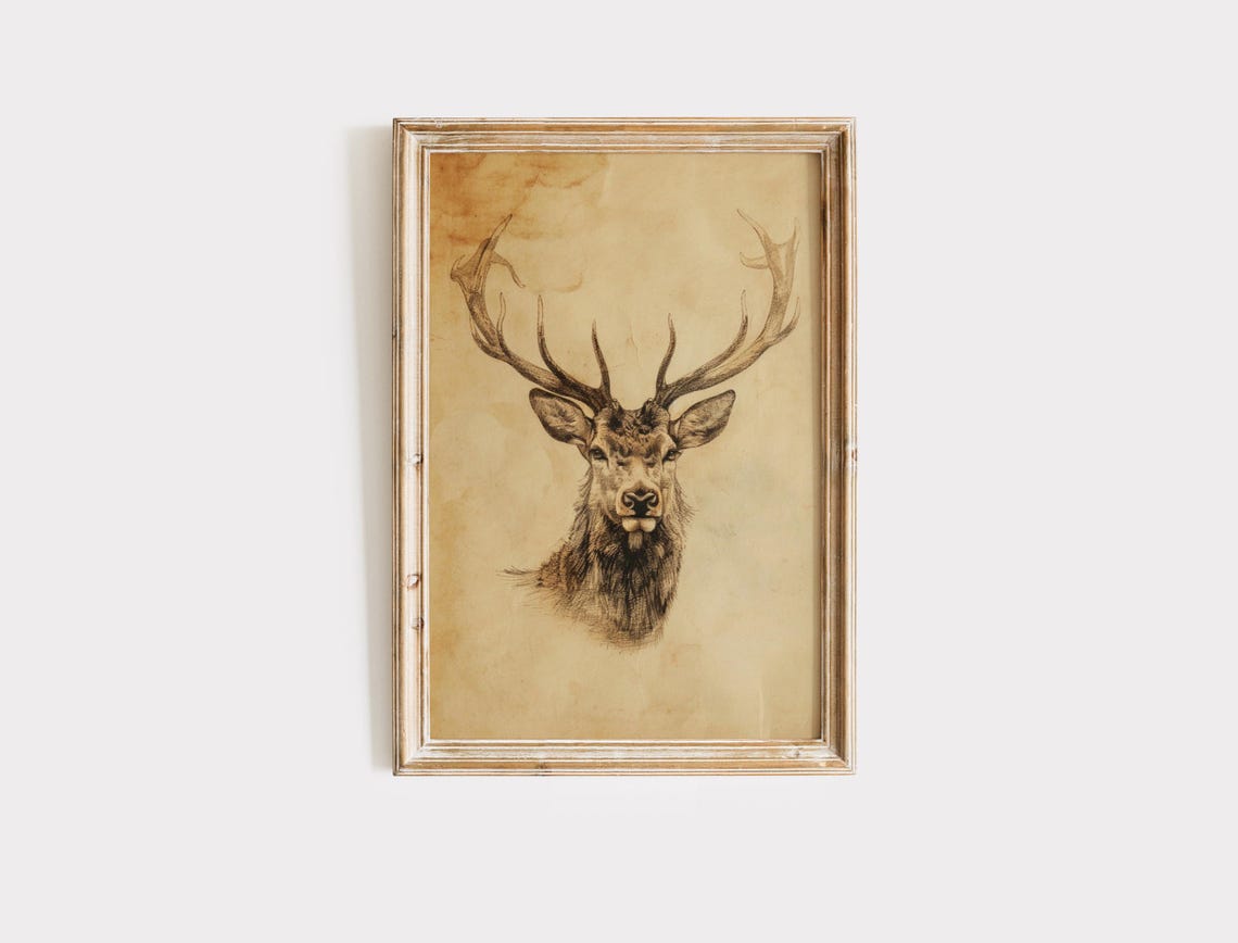Majestic Stag Head Pencil Sketch Big Antlers Vintage Hunting Poster - Image 2