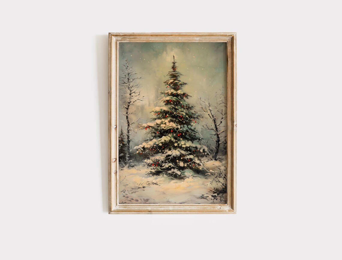 Snowy Vintage Christmas Tree With Red Ornaments Oil Painting Poster - Image 2