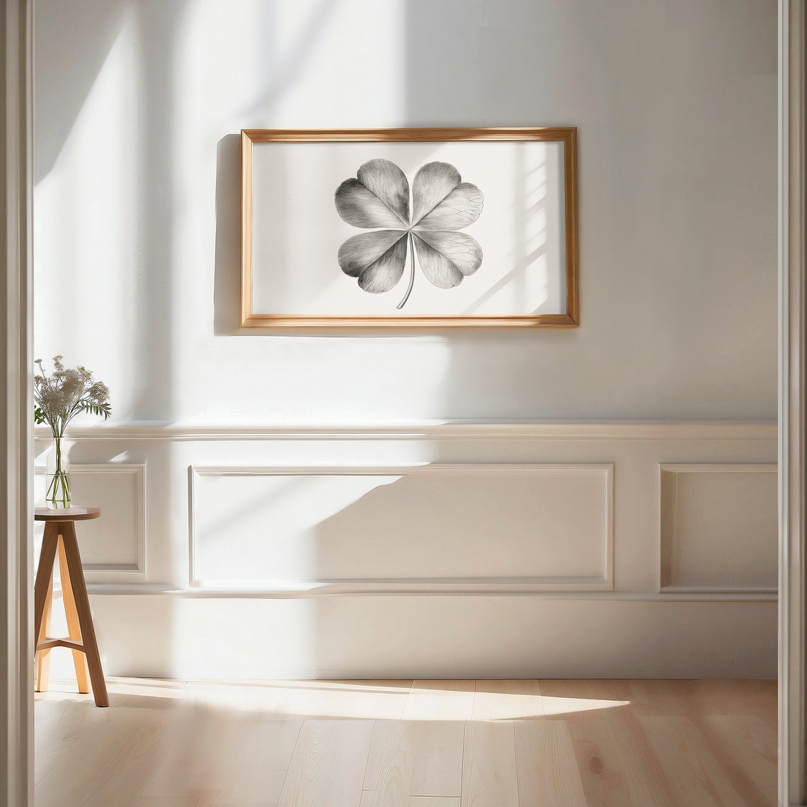 Four Leaf Clover Minimalist Pencil Sketch Monochrome Art Print - Image 2