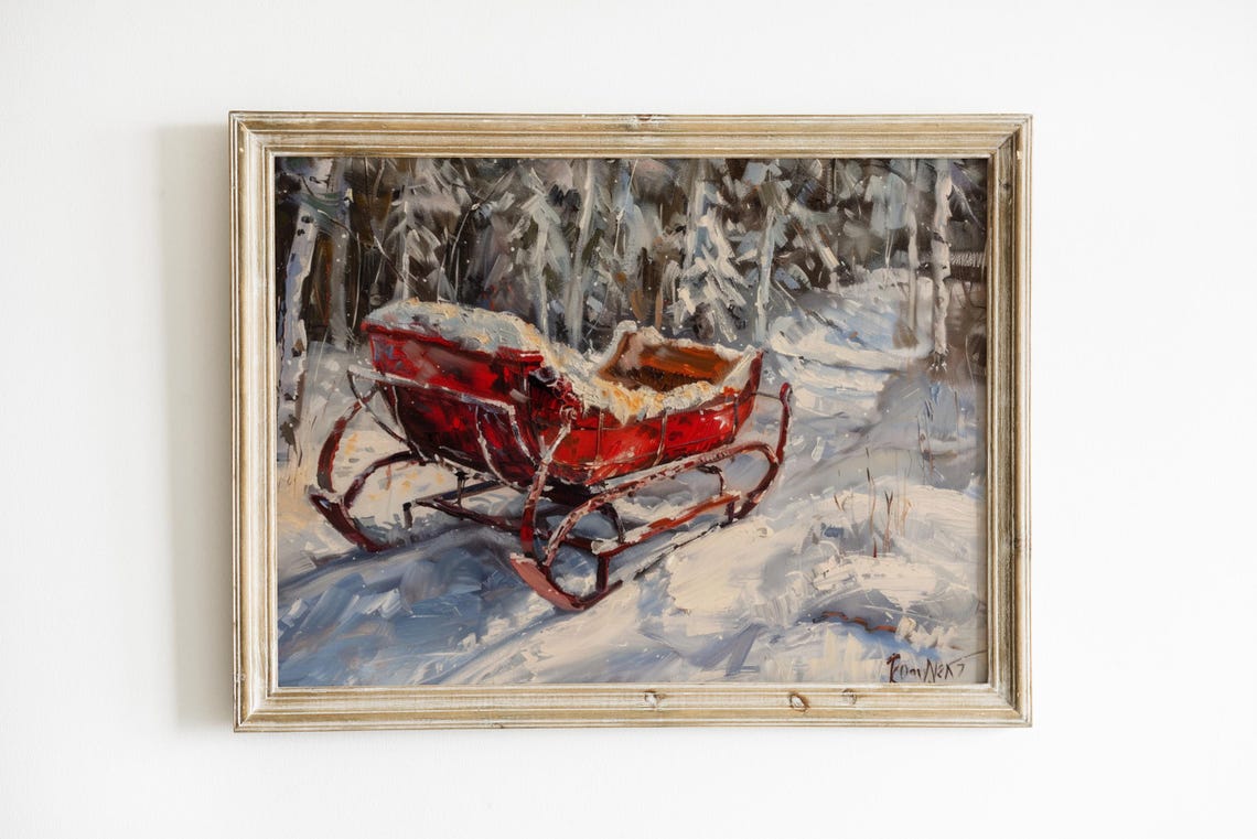 Antique Red Sleigh In Snowy Pine Forest Winter Christmas Art Poster - Image 2