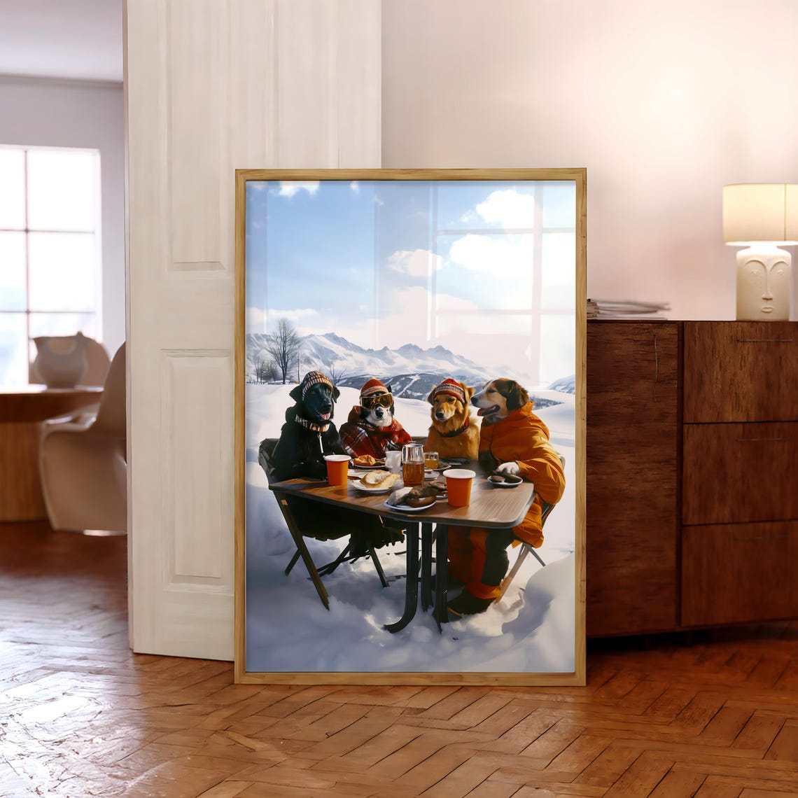 Funny Dogs Winter Ski Resort Snowy Lunch Table Animal Poster