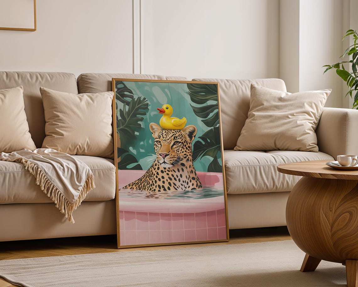 Leopard in Pink Bathtub with Rubber Duck Fun Jungle Animal Poster