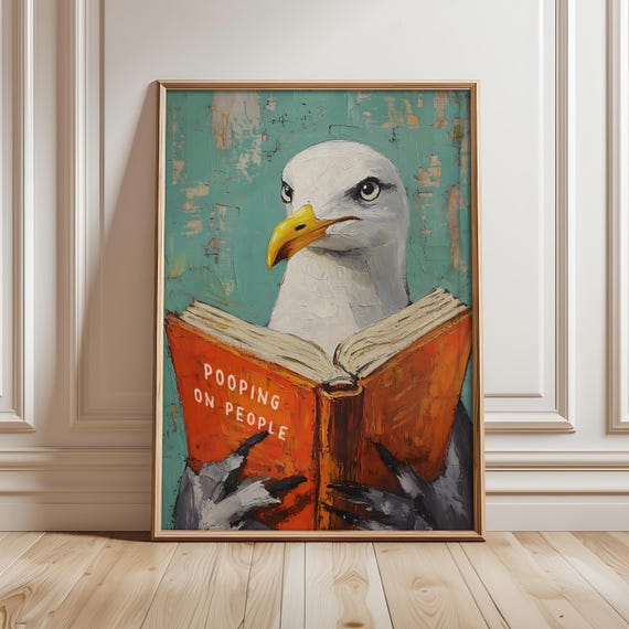 Funny Bathroom Print Seagull Pooping On People Book Poster Toilet Wall Art Decor Humorous Prints File