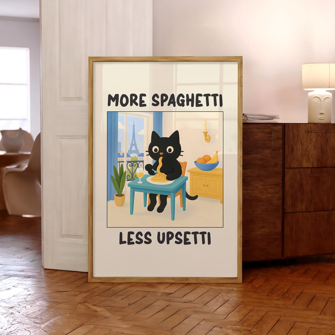 More Spaghetti Less Upsetti Black Cat Paris Eiffel Tower Kitchen Poster