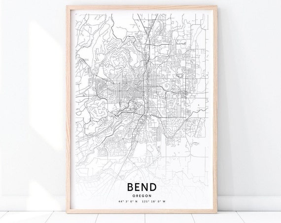 Bend Oregon Map Art Print, Black White Modern