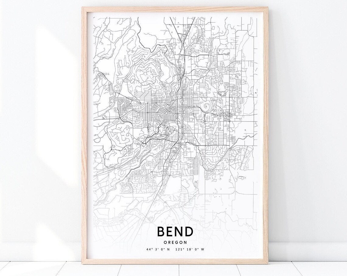 Bend Oregon Map Art Print, Black White Modern