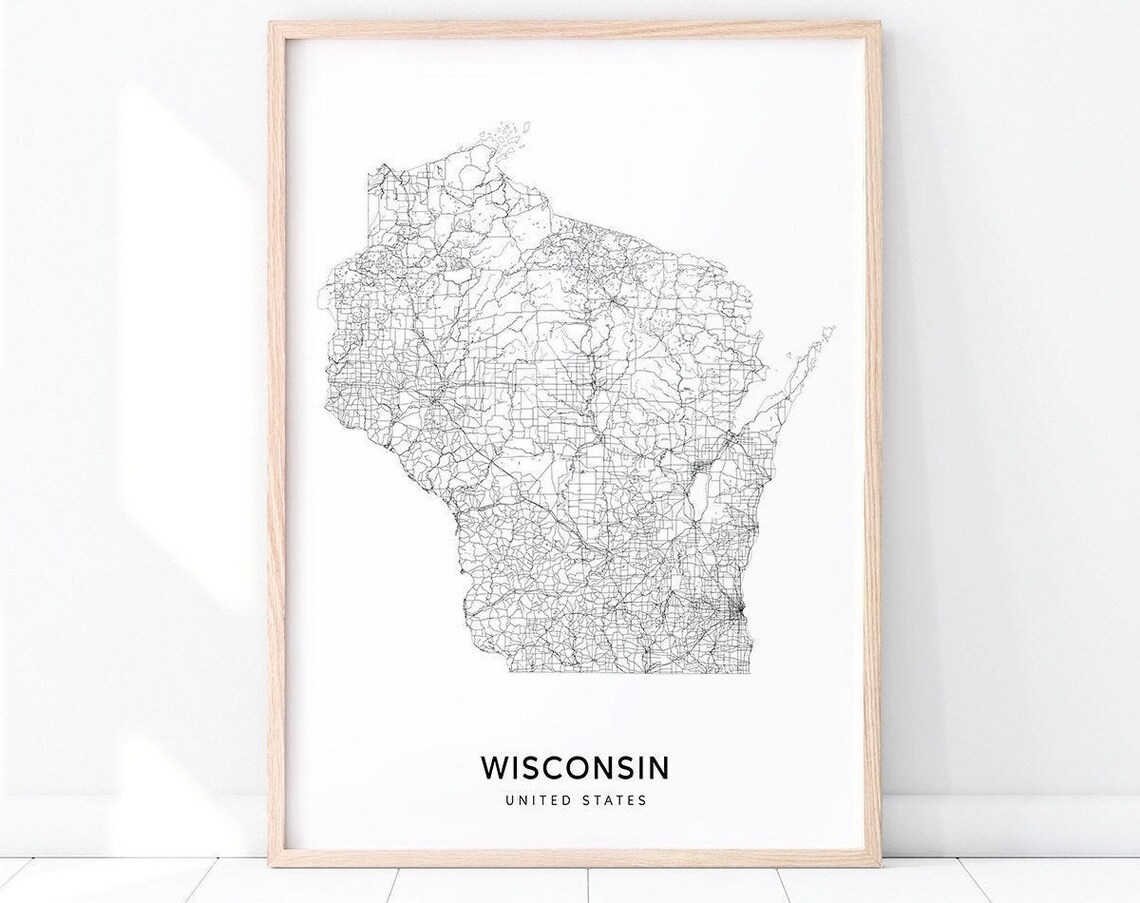 Wisconsin Map Print, Modern Road Map Poster