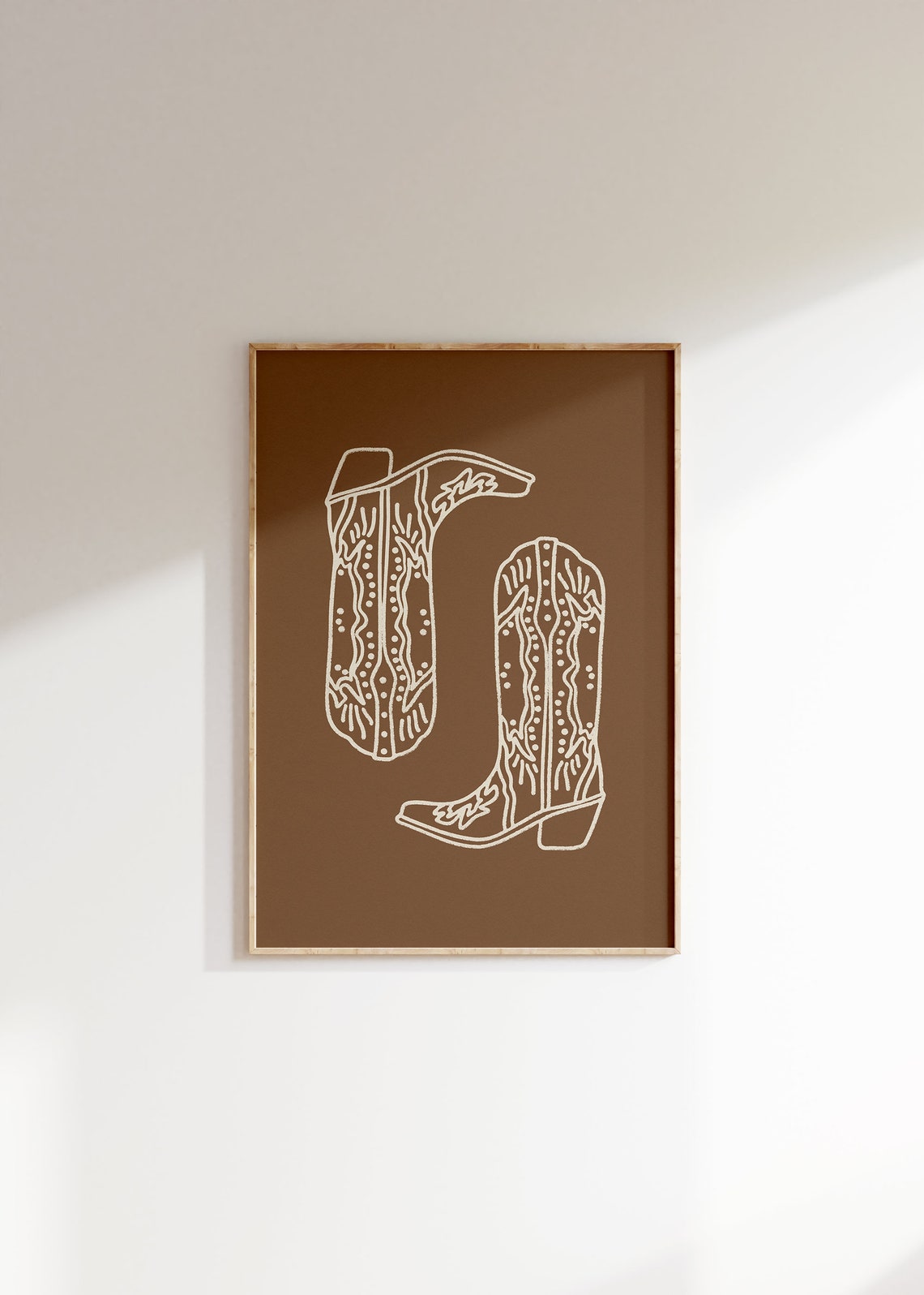 Cream Cowboy Boots Line Art On Chocolate Brown Western Print - Image 2